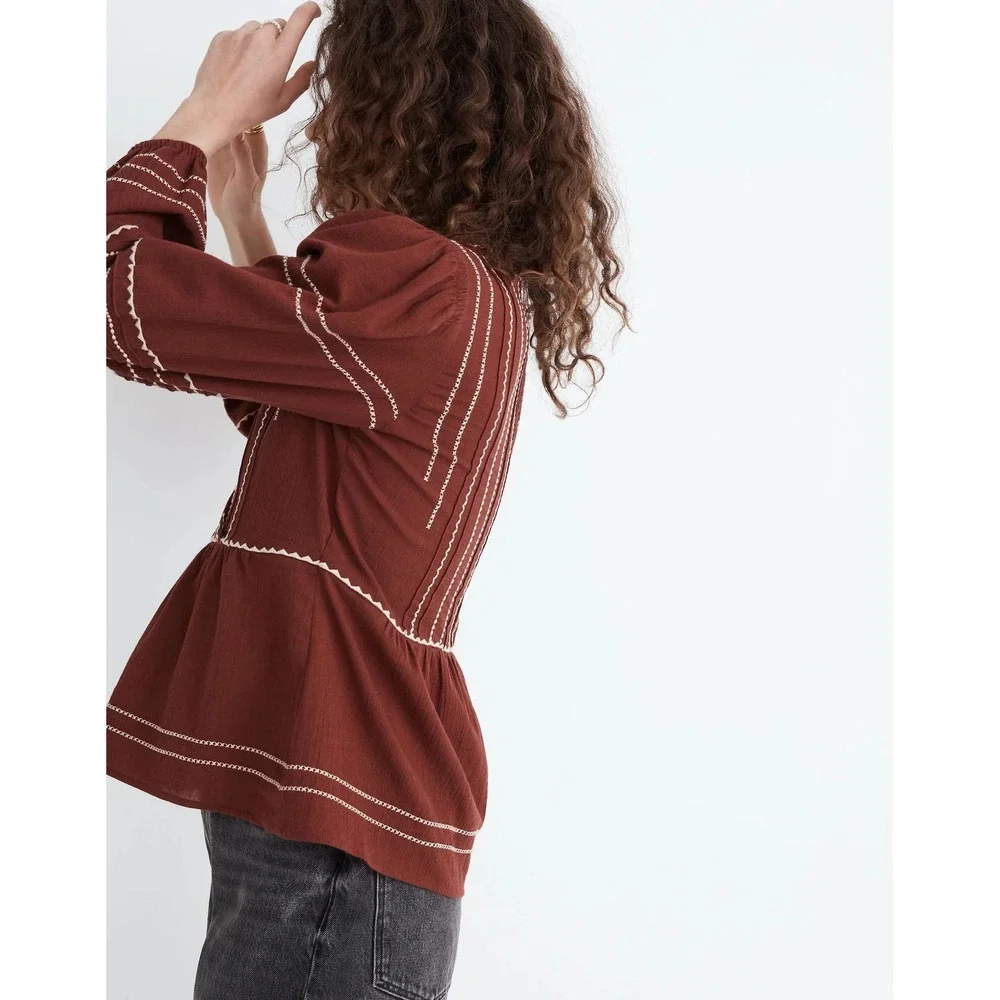 Madewell Embroidered Faux-Wrap Top Women Size S Brown Long Sleeve Peplum